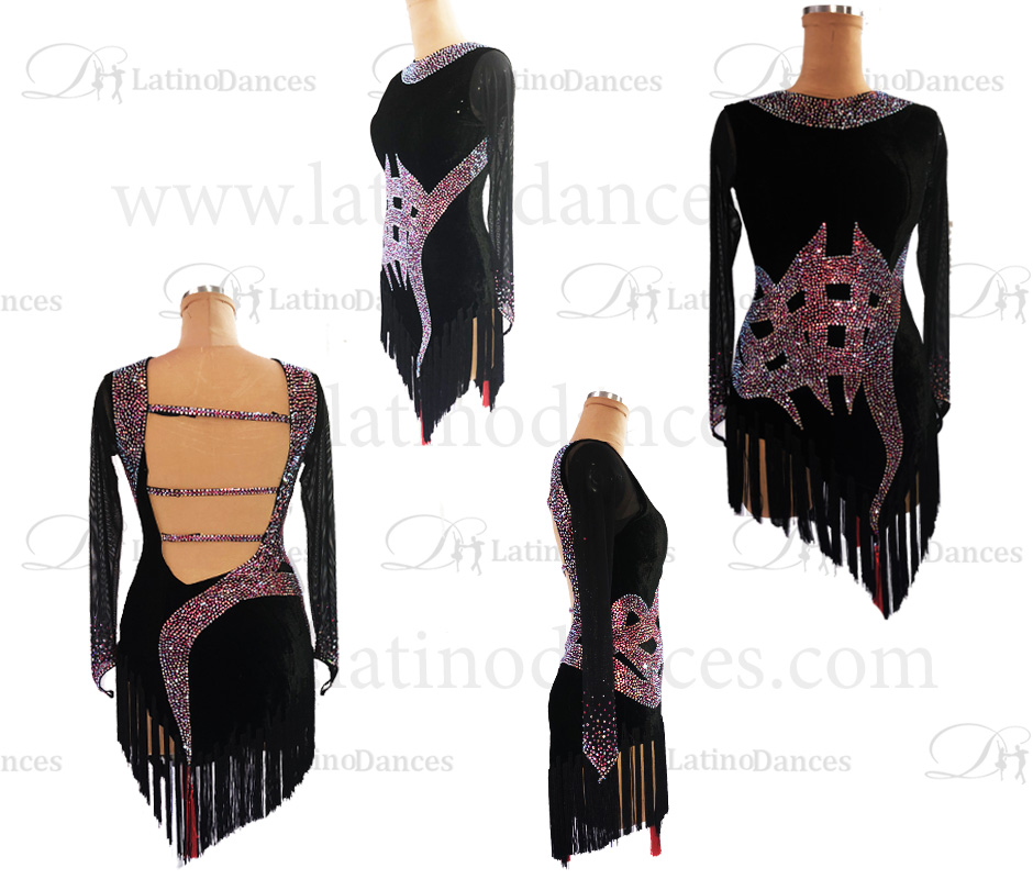 black-velvet-latin-competition-dress-fuchsia-ab-rhinestones-fringe-overview-m614