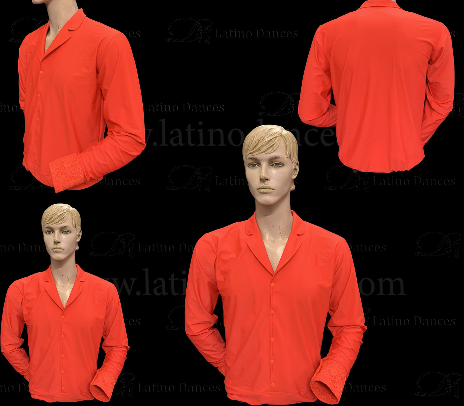 Red men’s Latin Rhythm shirt with open collar and fitted silhouette DB25810 overview
