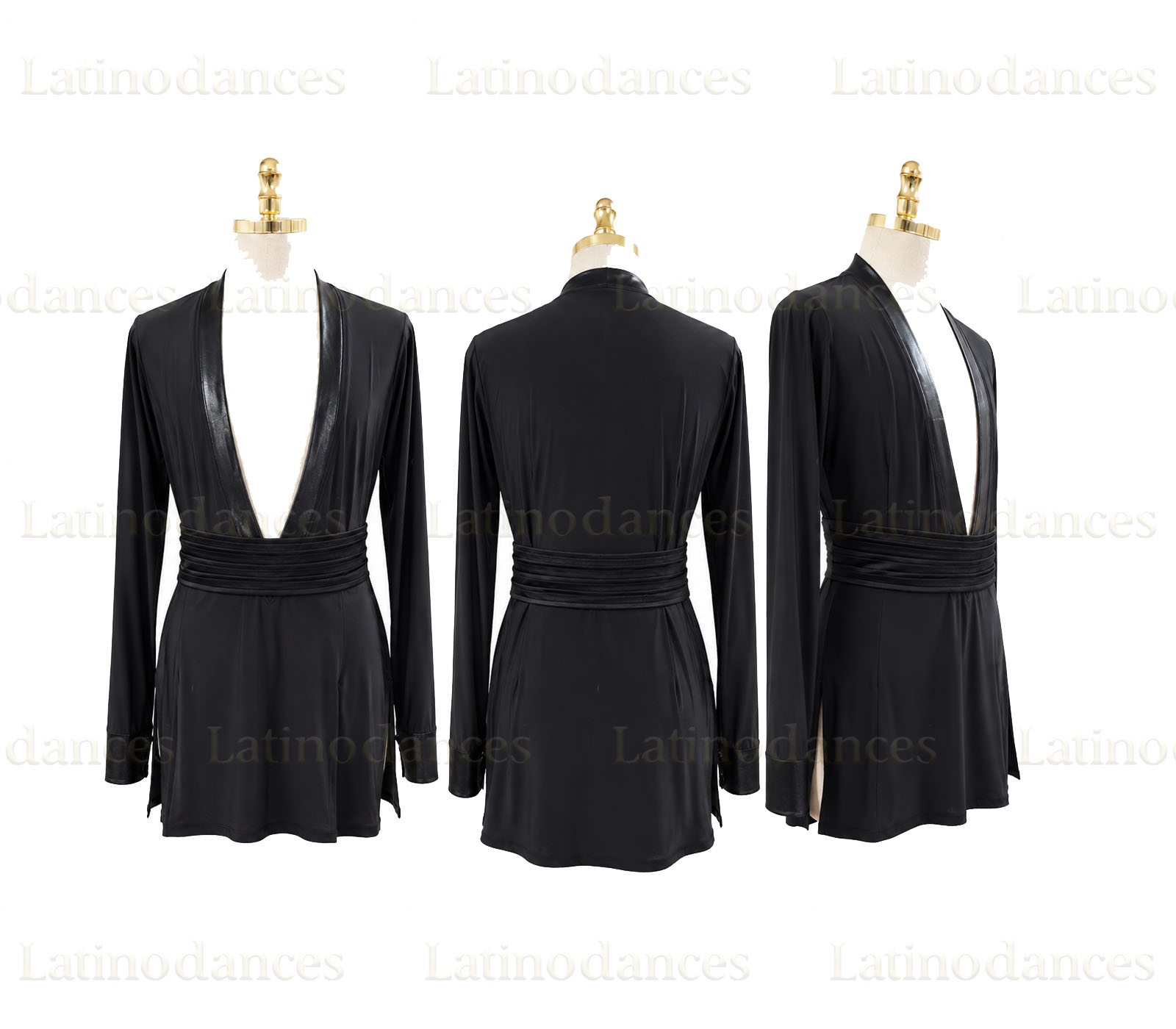 Black men’s Latin Rhythm shirt with deep V neckline DB2581 overview