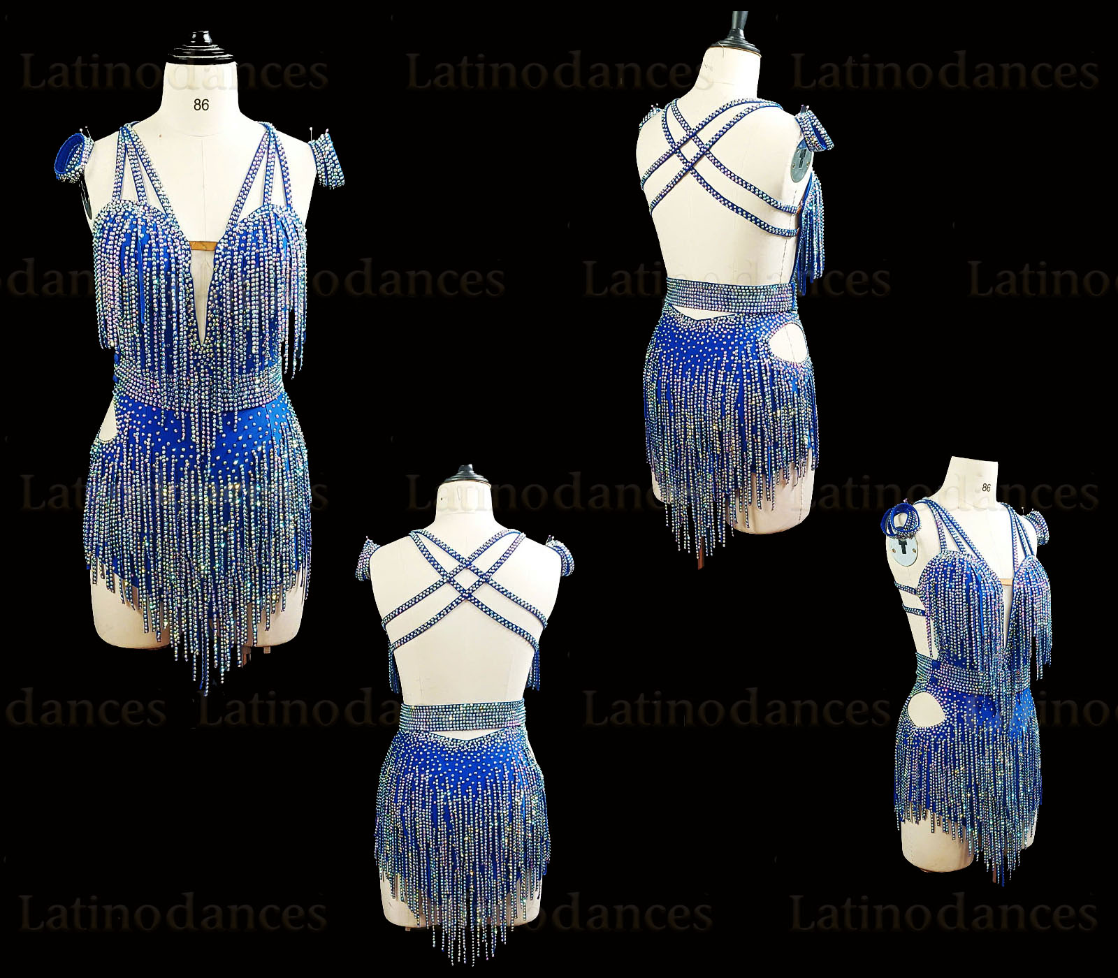 Blue Latin Rhythm dress with crystal fringe rhinestones and strappy back Lt25104