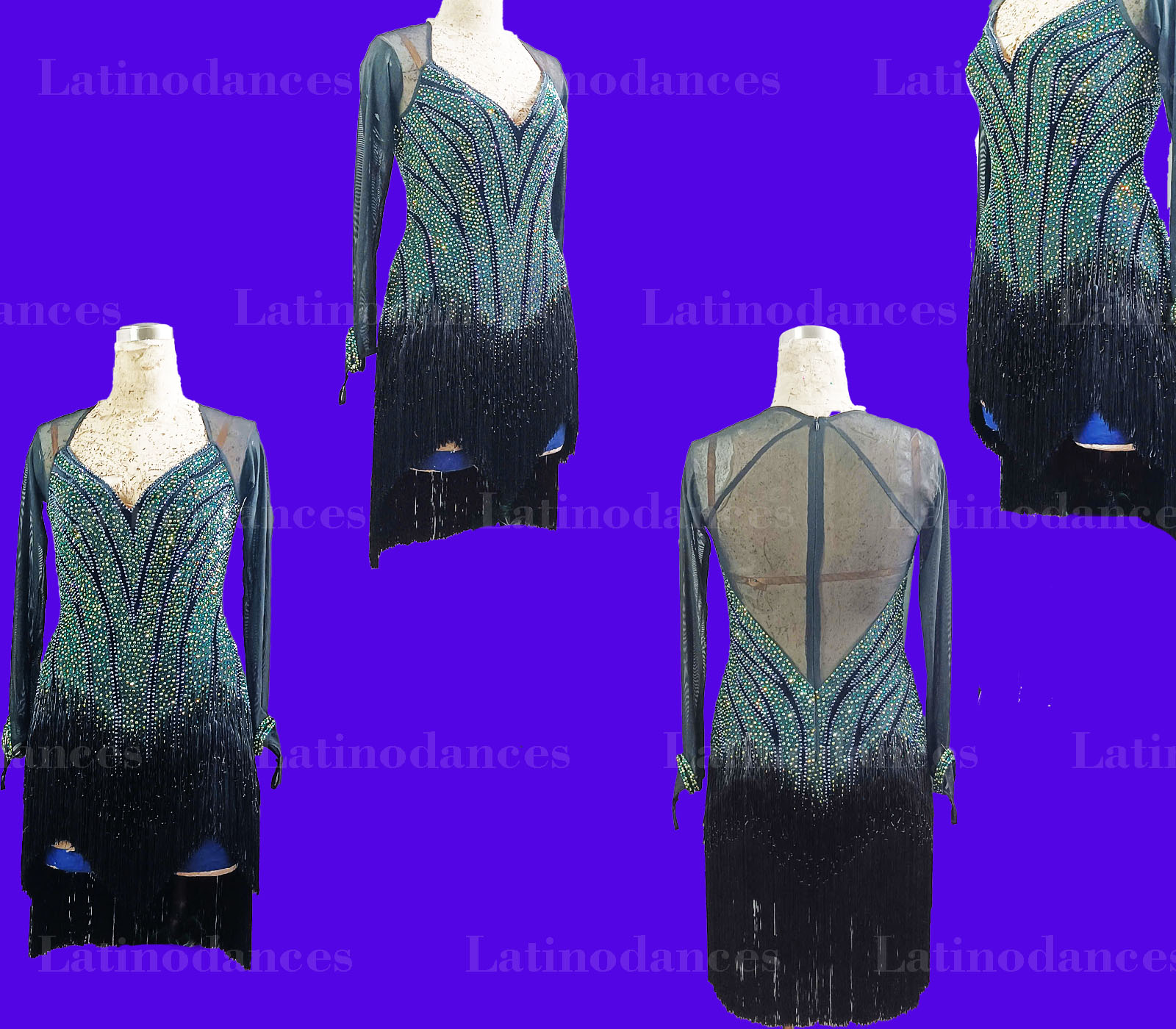 Black Latin Rhythm dress with AB rhinestones and asymmetrical fringe Lt2587