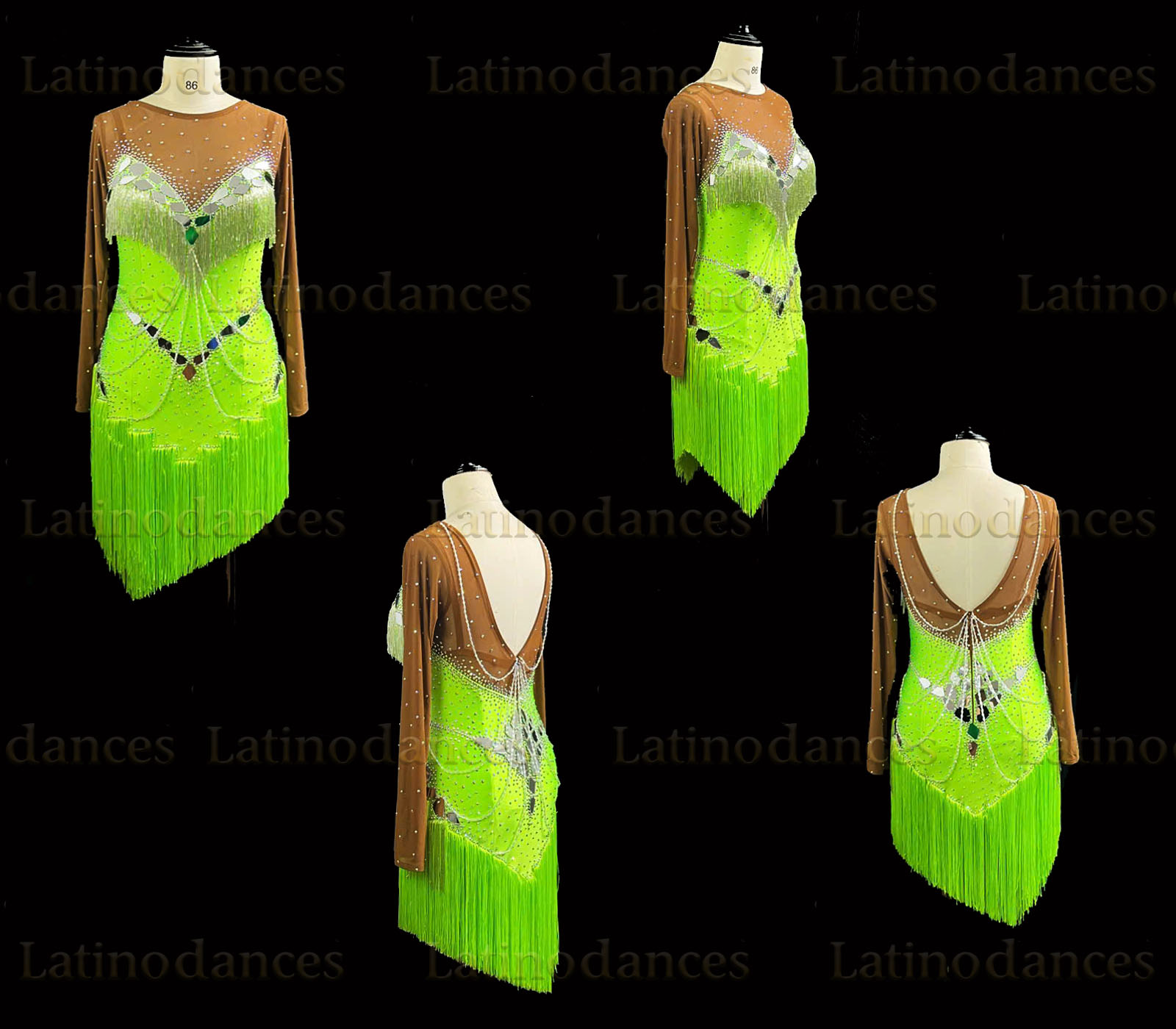 Neon green Latin Rhythm dress with fringe rhinestones and sheer mesh sleeves Lt25811 overview