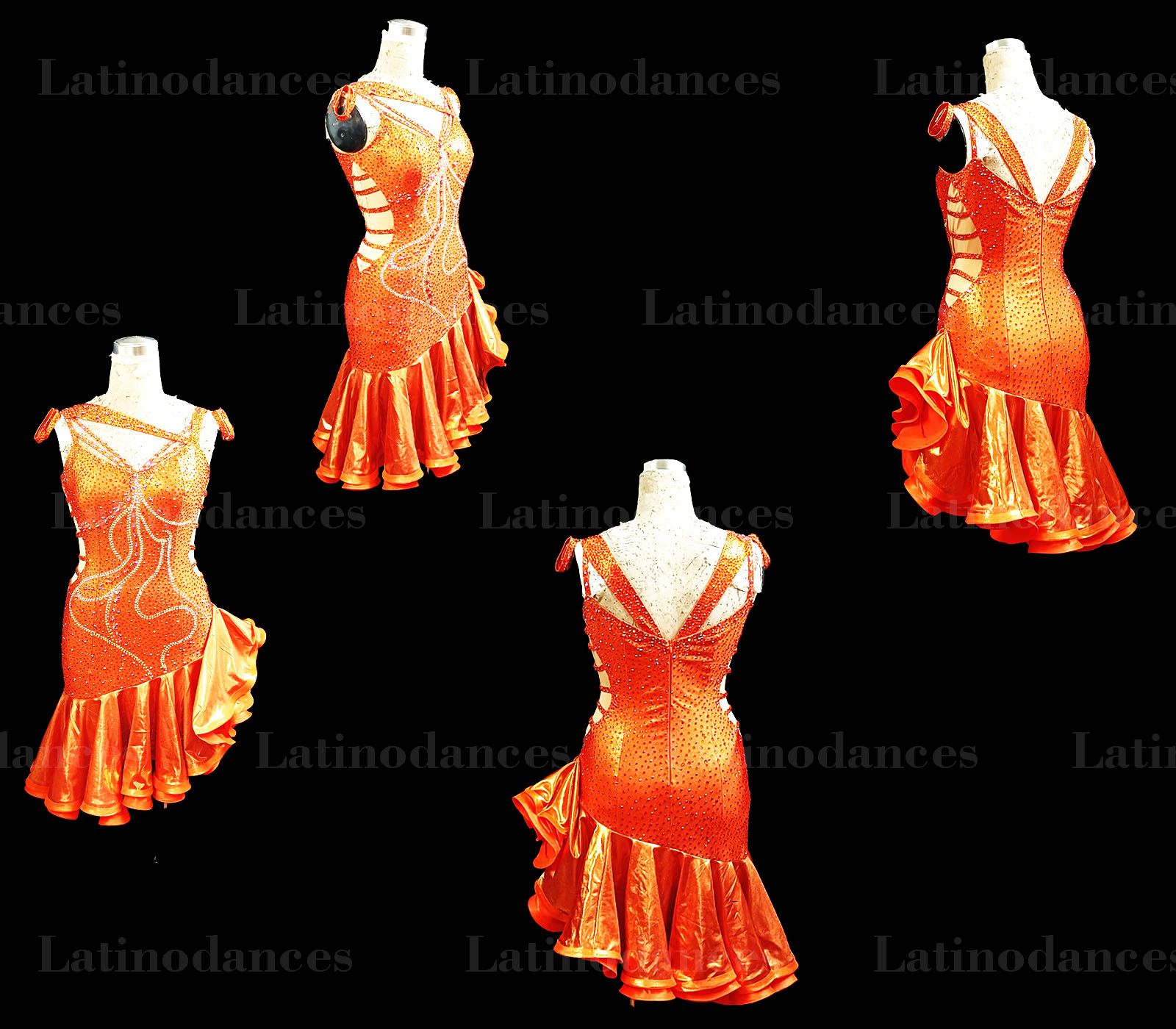 Orange Latin Rhythm Dress With Rhinestones And Satin Ruffle Skirt LT25917