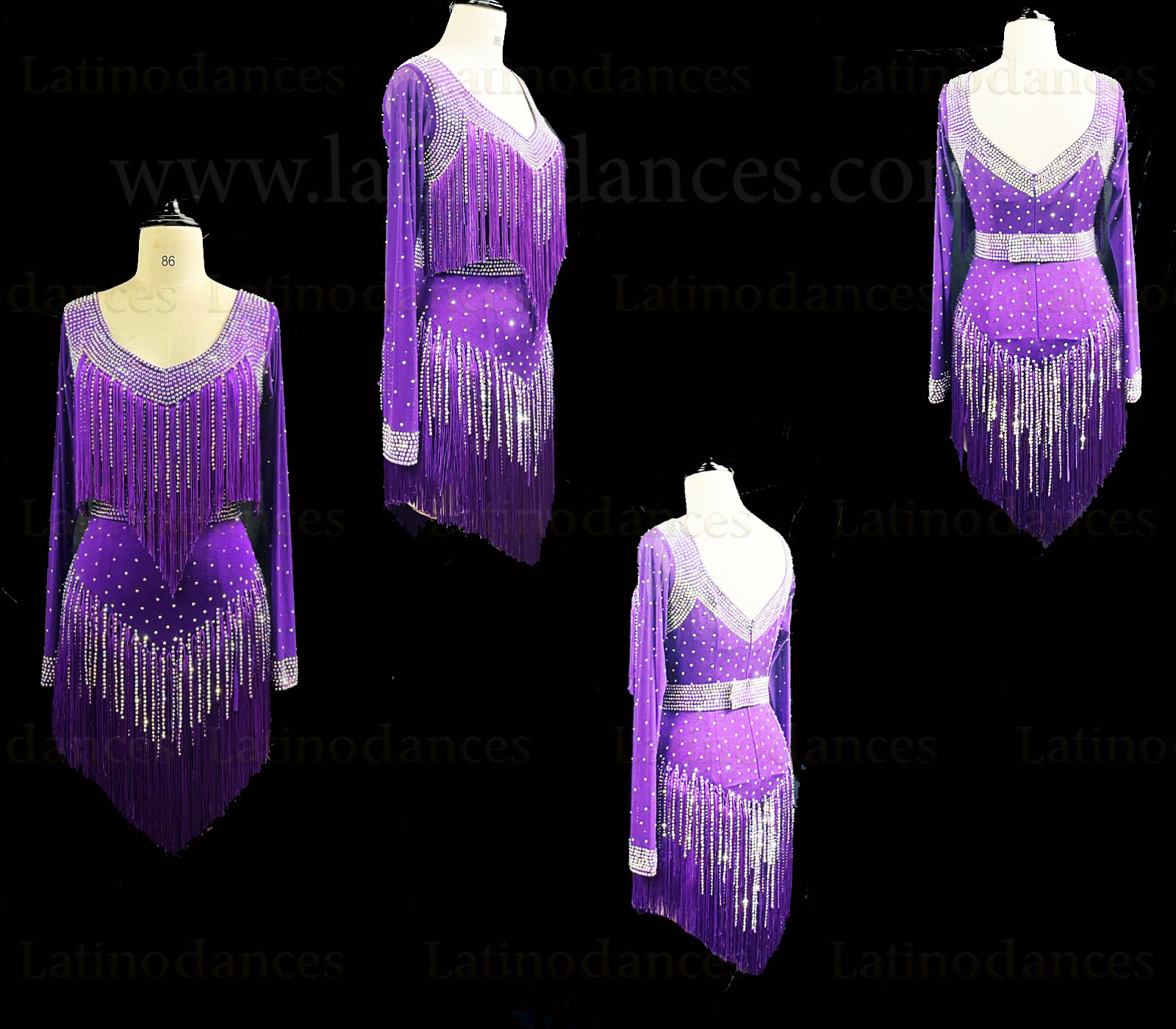 Purple Latin Rhythm dress with crystal fringe, rhinestones, and sheer mesh sleeves Lt25810 overview