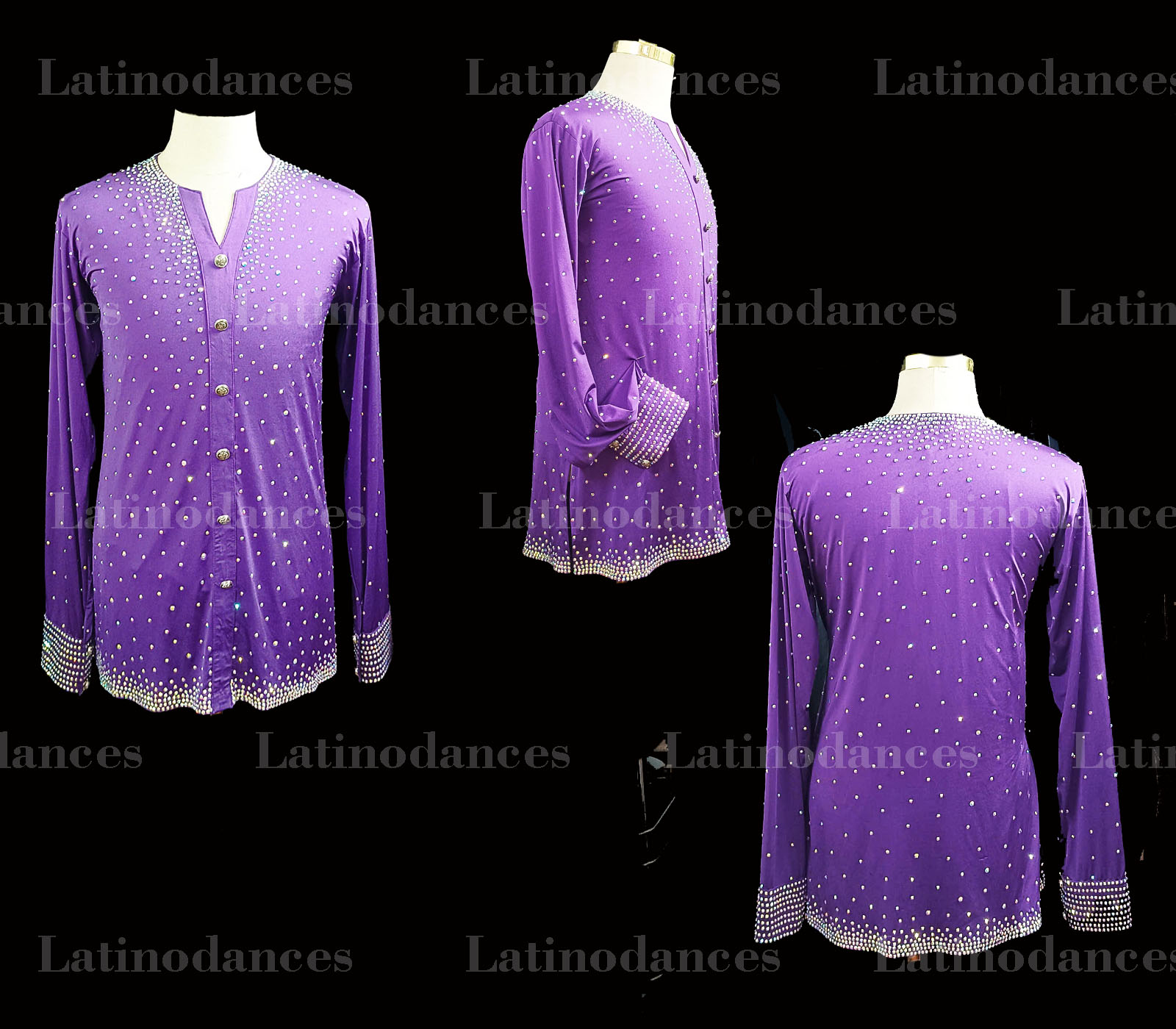 Purple men’s Latin Rhythm shirt with rhinestones and crystal cuffs DB25811 overview