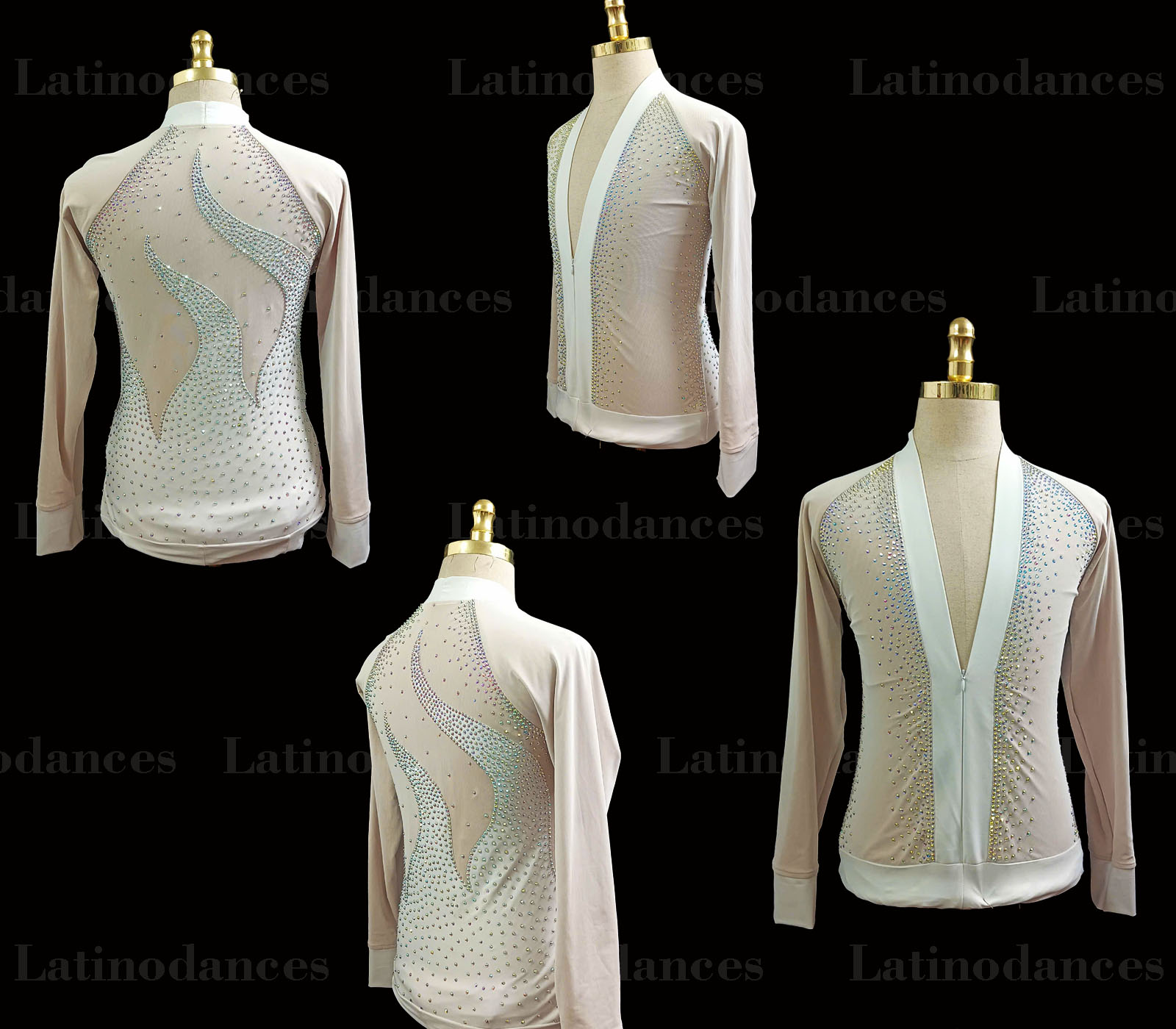 White men’s Latin Rhythm shirt with flame rhinestone design and deep V neckline DB2582 overview